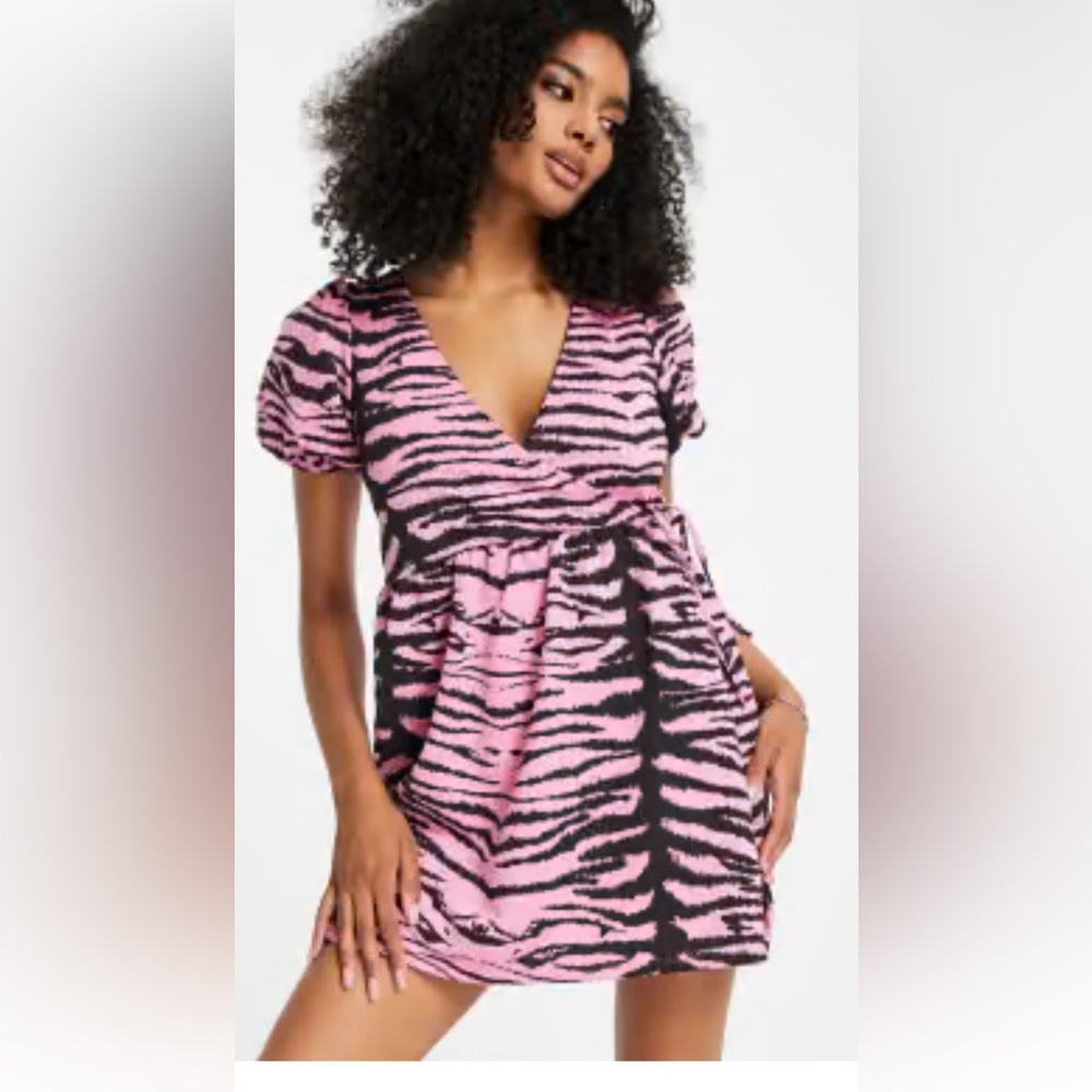 ASOS Pink & Black Zebra Print V-Neck Mini Dress
